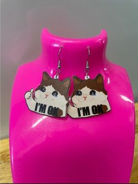 Cute Cat 'I'm OK' Drop Earrings - Brown & White